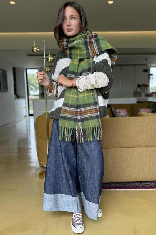  Big Softie Block Stripe Cap Sleeve Knit Top Khaki /15=